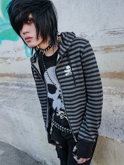Skull Design Stripe Zipper Hoodie WN16089