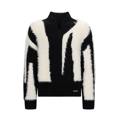 Fake Fur Patchwork Shaggy V-Neck Knit Sweater WN10694