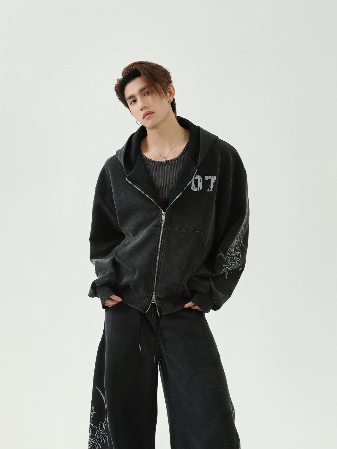 Double Zipper Embroidery Hoodie & Wide Leg Swaetpants Setup WN16285