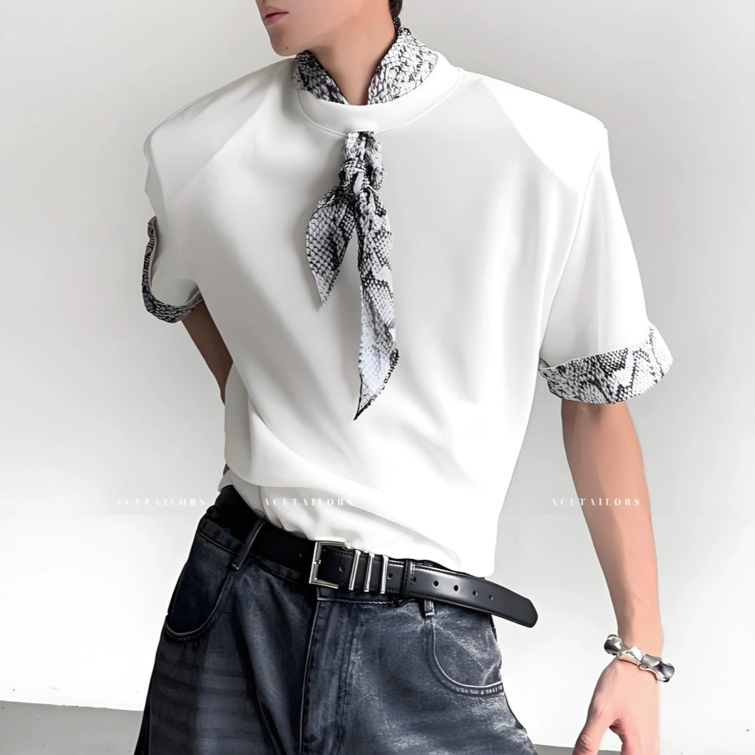 Snake Neck Patchwork Shoulder-Pad Short Sleeve T-Shirt WN20080