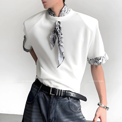 Snake Neck Patchwork Shoulder-Pad Short Sleeve T-Shirt WN20080