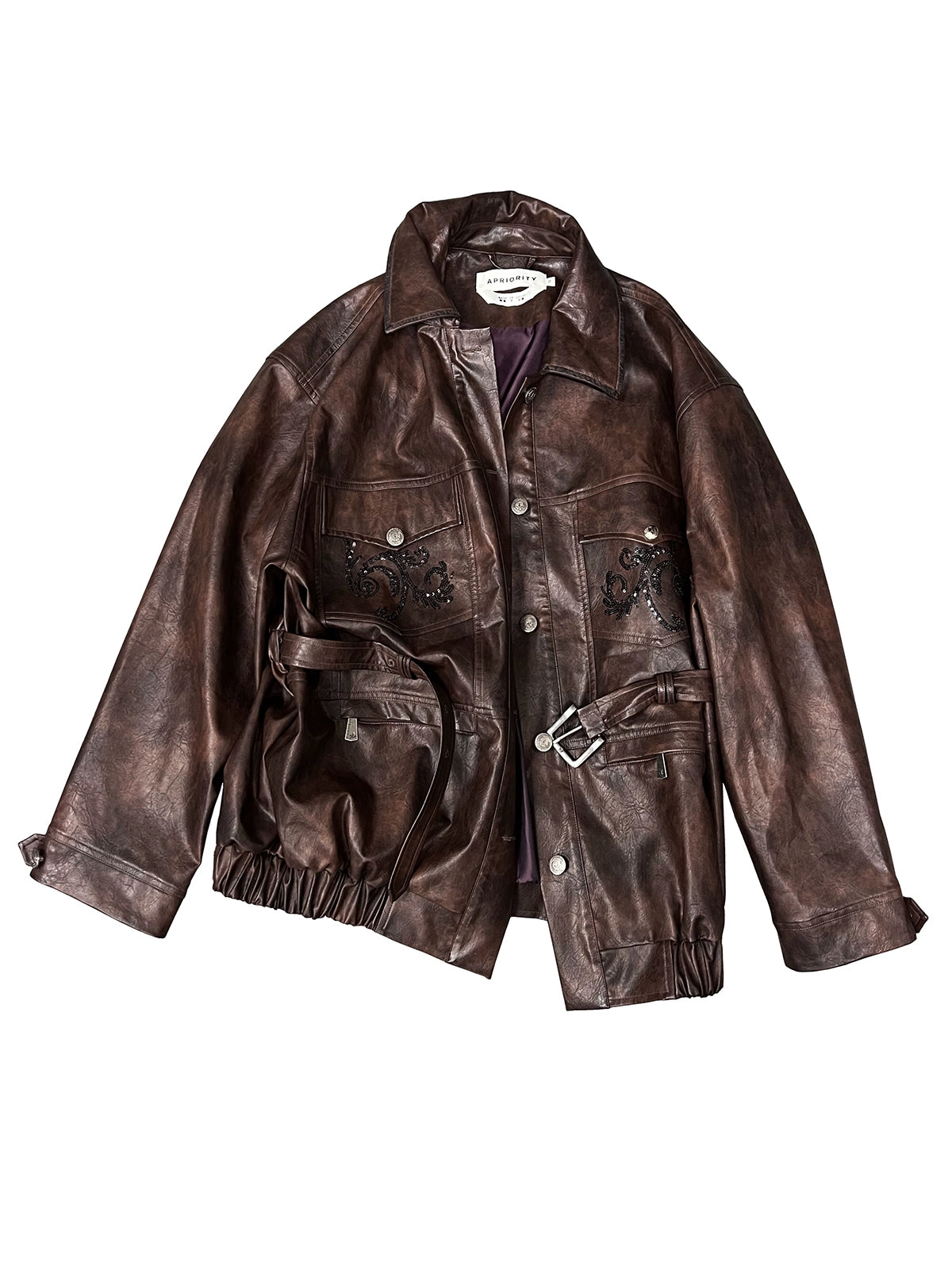 Sequin Embroidery Belted PU Leather Jacket WN18895