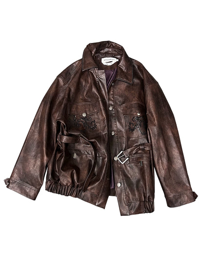 Sequin Embroidery Belted PU Leather Jacket WN18895