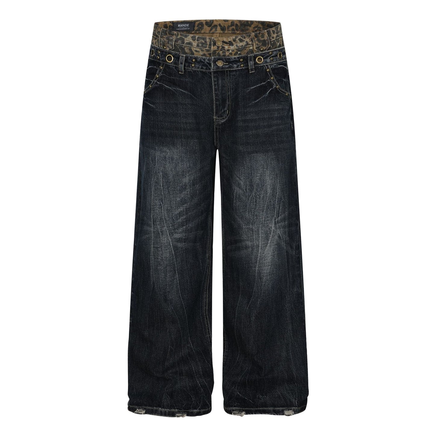 Fake Layered Leopard Print Wide Leg Denim Jeans WN26148