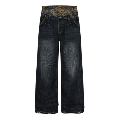 Fake Layered Leopard Print Wide Leg Denim Jeans WN26148