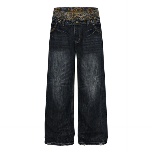 Fake Layered Leopard Print Wide Leg Denim Jeans WN26148