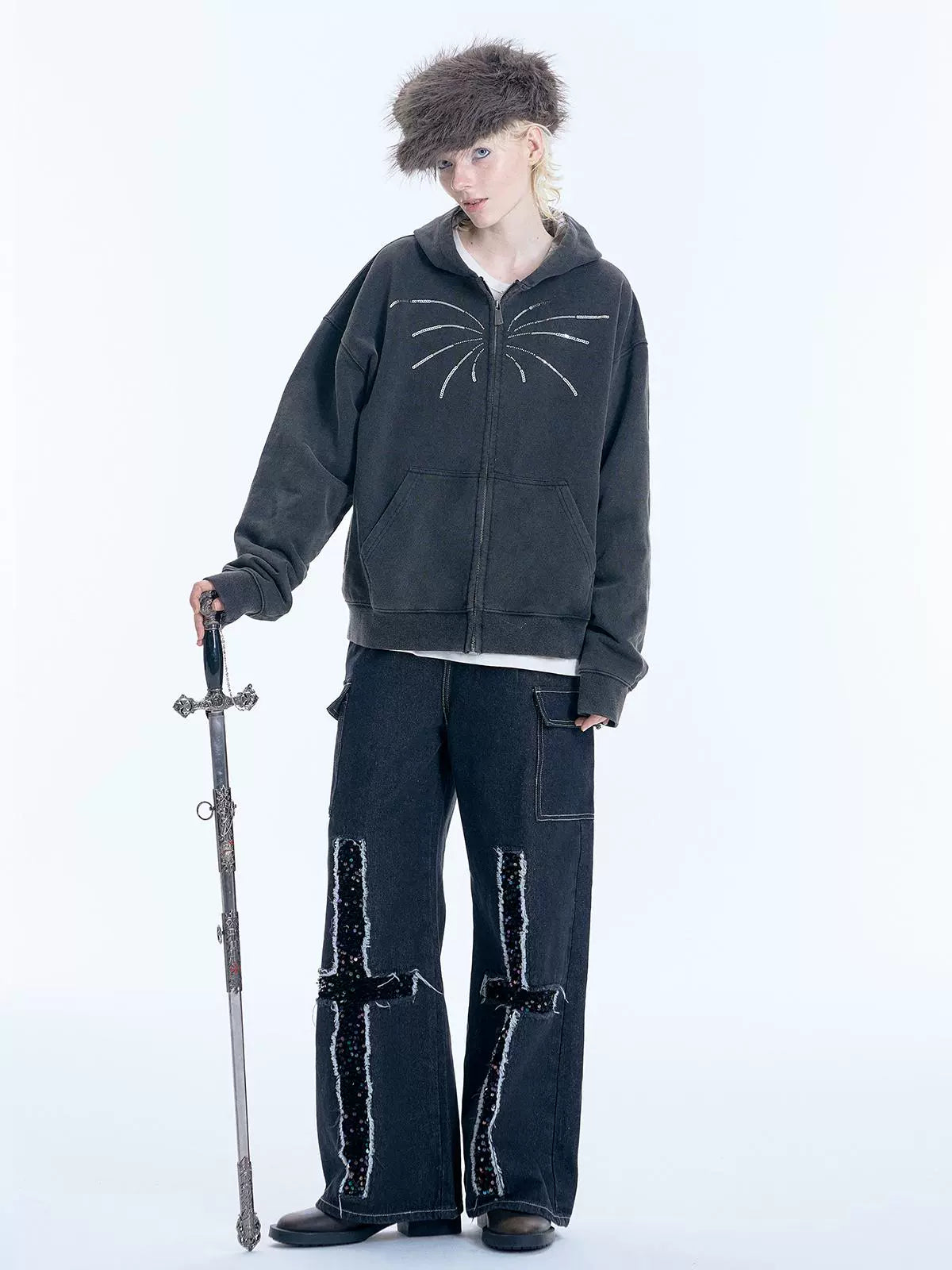 Damage Fringe Wide Leg Denim Jeans WN19011