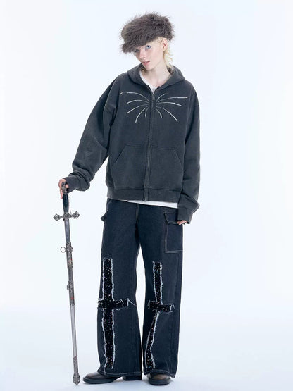 Damage Fringe Wide Leg Denim Jeans WN19011