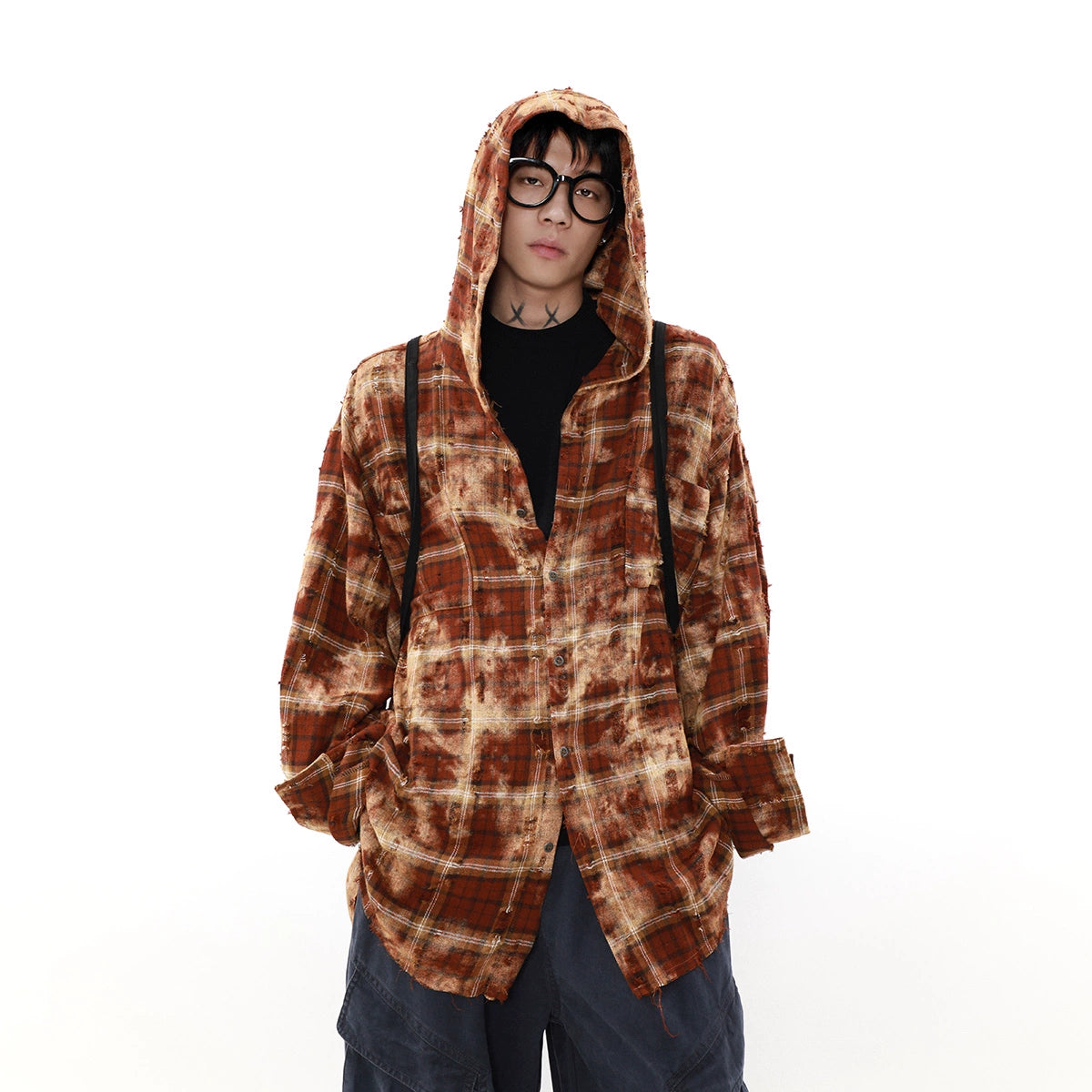 Oversize Checkered Long Sleeve Hooded Shirt WN7560