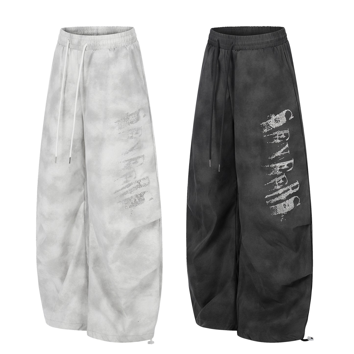 Washed Letter Print Drawstring Wide Leg Pants WN25389
