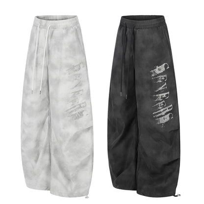 Washed Letter Print Drawstring Wide Leg Pants WN25389
