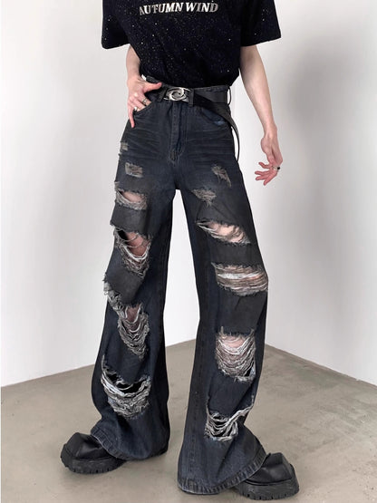 Washed Damage Wide-Leg Straight Denim Jeans WN7054