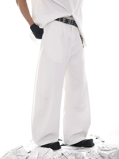 Pin Decor Curved Hem Wide Leg Straight Trousers WN18635