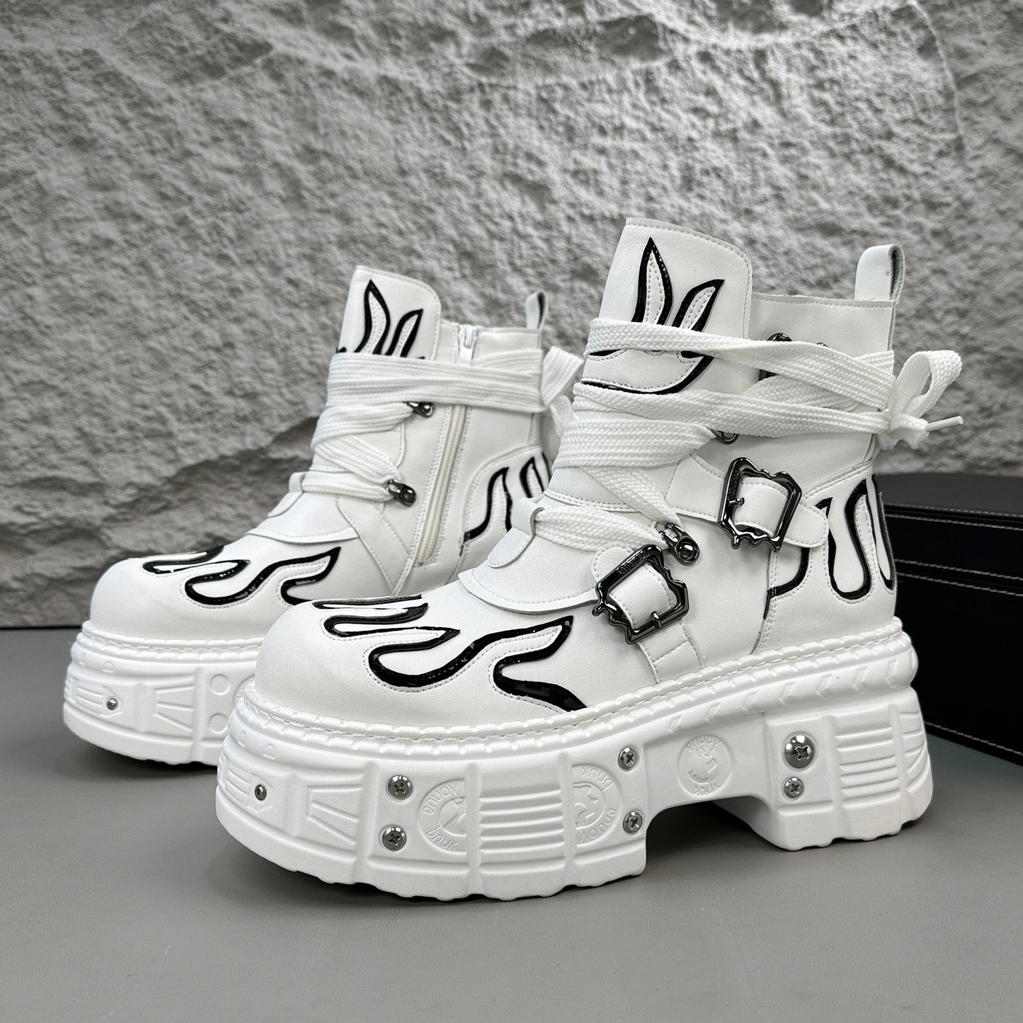 Flame Embroidery Strap Buckle Platform Short Boots WN24578
