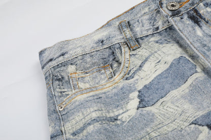 3D Print Damage Washed Wide Leg Denim Jeans WN27953