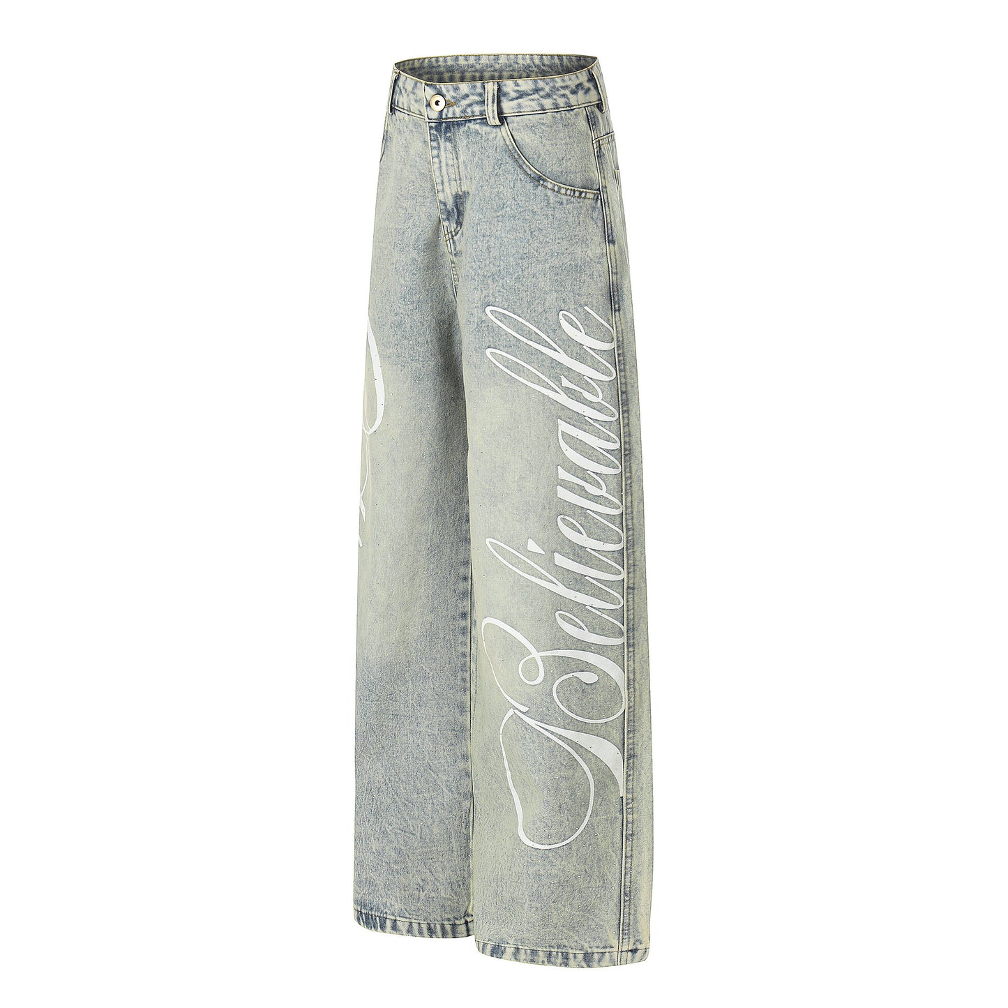 Washed Letter Print Wide Leg Denim Jeans WN25419