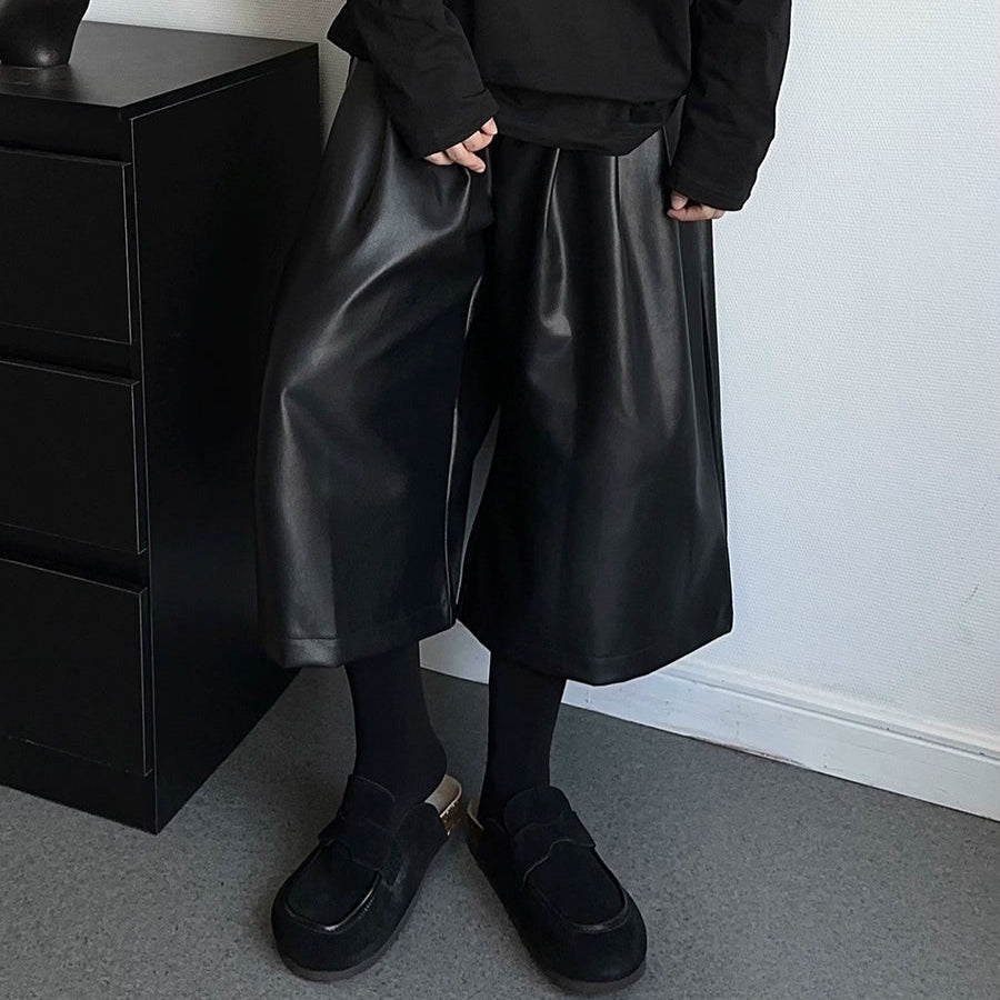 PU Leather Wide Leg Half Pants WN19365