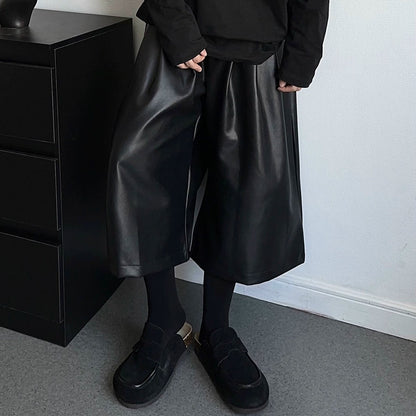 PU Leather Wide Leg Half Pants WN19365