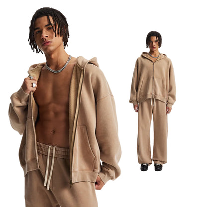 Fleece Lining Zip-Up Wax Dye Zipper Hoodie & Wide Leg Pants Sweatpants WN23112