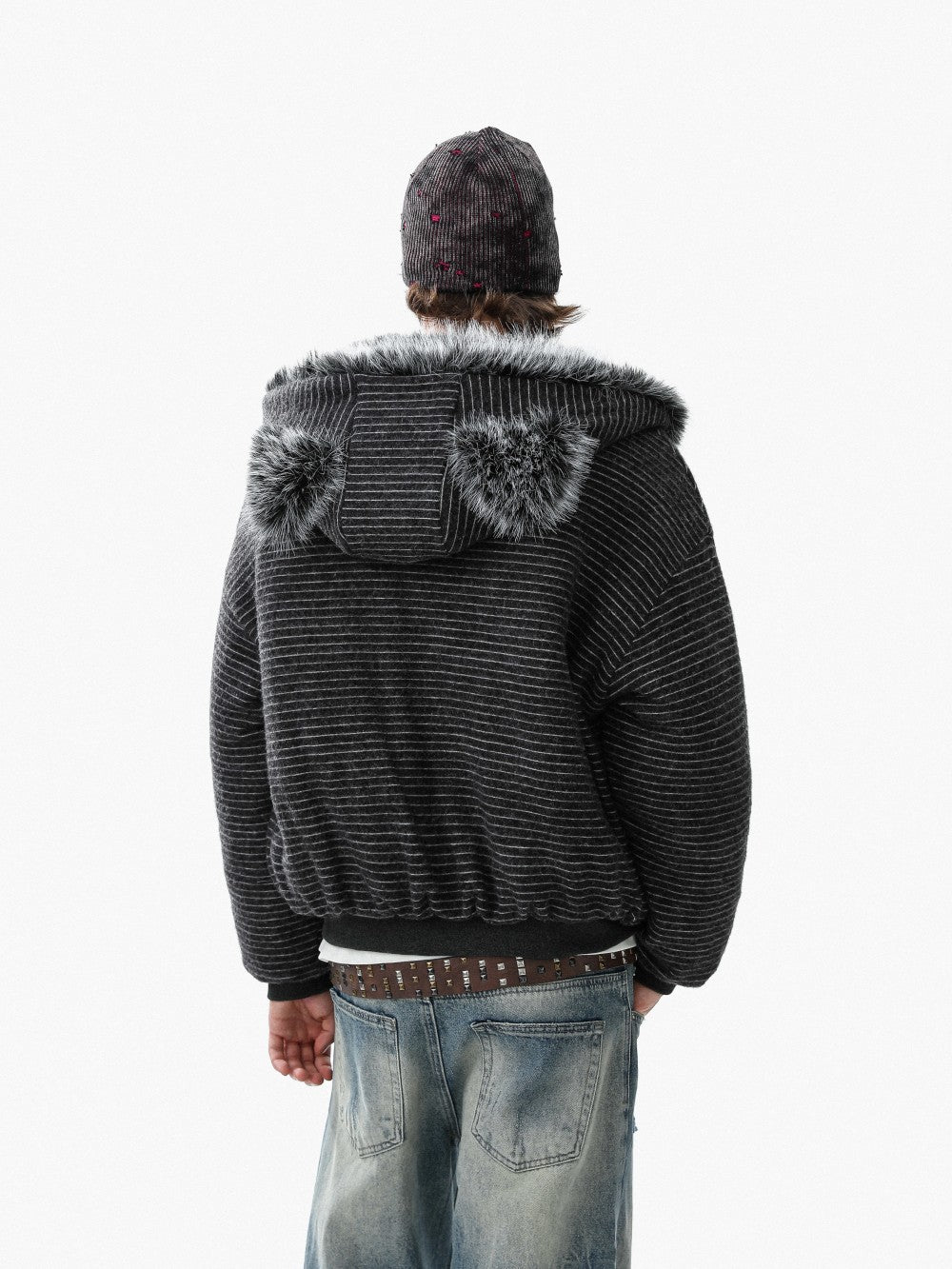 Fake Fur Collar Stripe Zipper Jacket WN28119