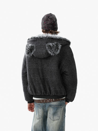 Fake Fur Collar Stripe Zipper Jacket WN28119