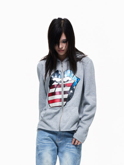 Graphic Print Side-Pocket Cropped Zipper Hoodie WN27332