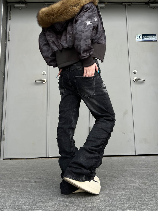 Washed Wrinkle Stacked Straight Denim Jeans WN24161