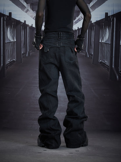 Coated Metal Stud Washed Damage Flare Denim Jeans WN22897