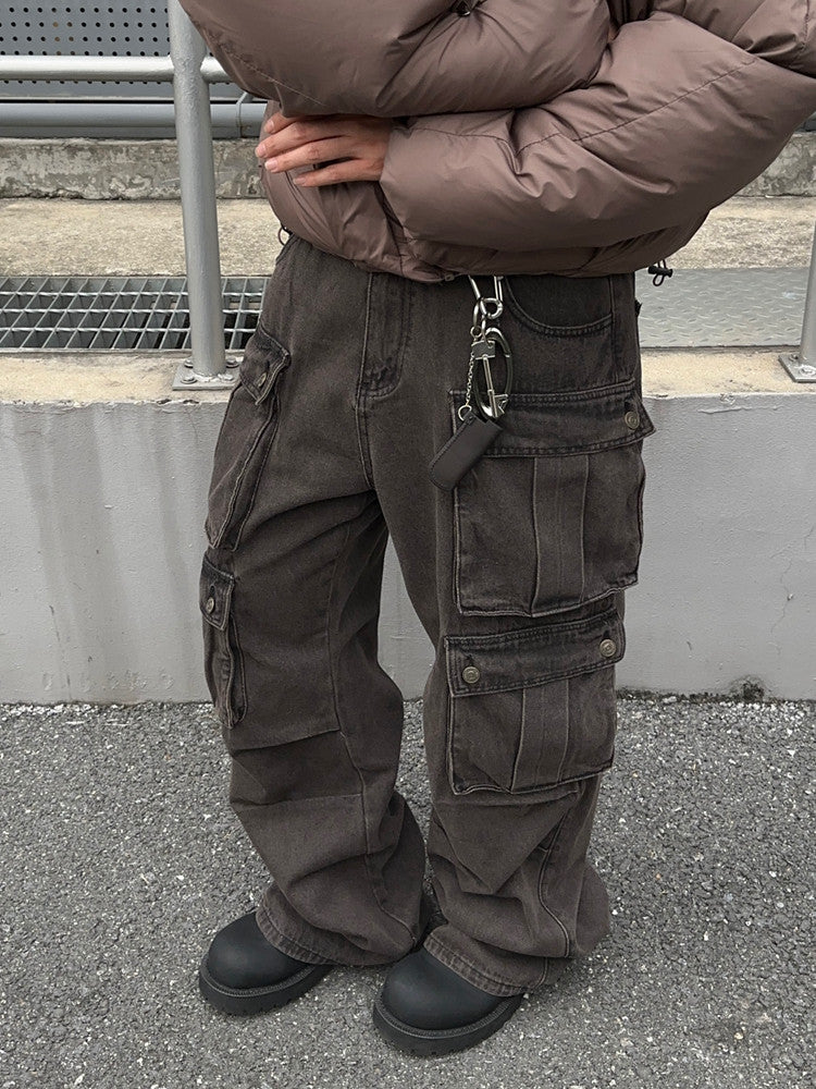 Wash Damage Multi Pocket Straight Cargo Denim Jeans WN24360
