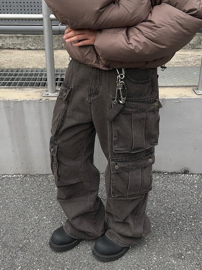 Wash Damage Multi Pocket Straight Cargo Denim Jeans WN24360