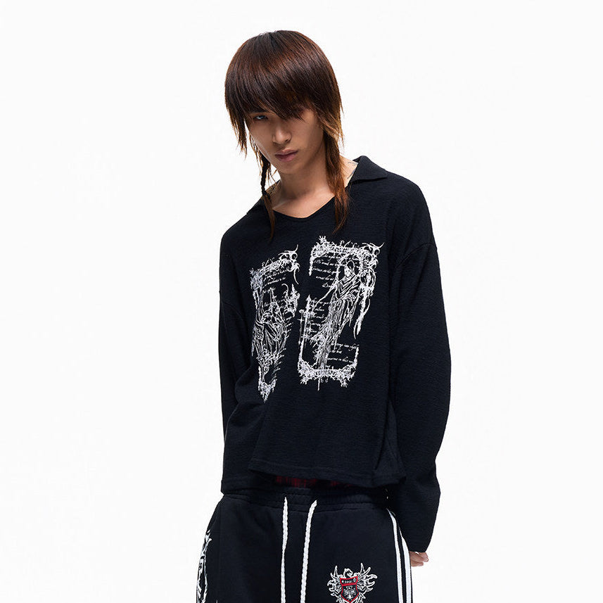 Reaper Angel Rune Print Polo-Collar Long Sleeve T-Shirt WN27326