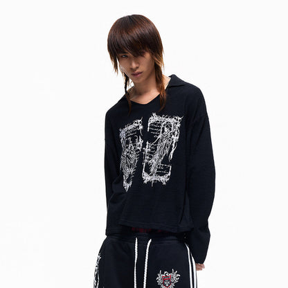 Reaper Angel Rune Print Polo-Collar Long Sleeve T-Shirt WN27326