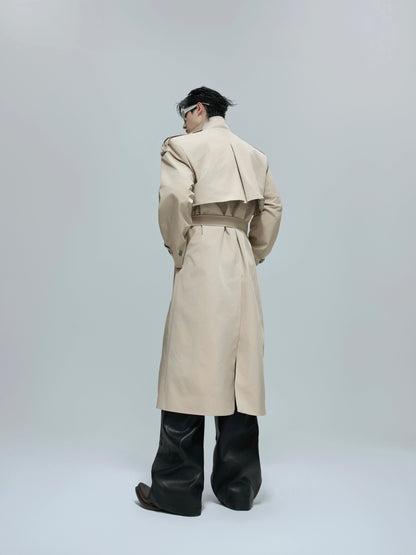 Striped Mix Stitch Standing-Collar Long Trench Coat WN21684