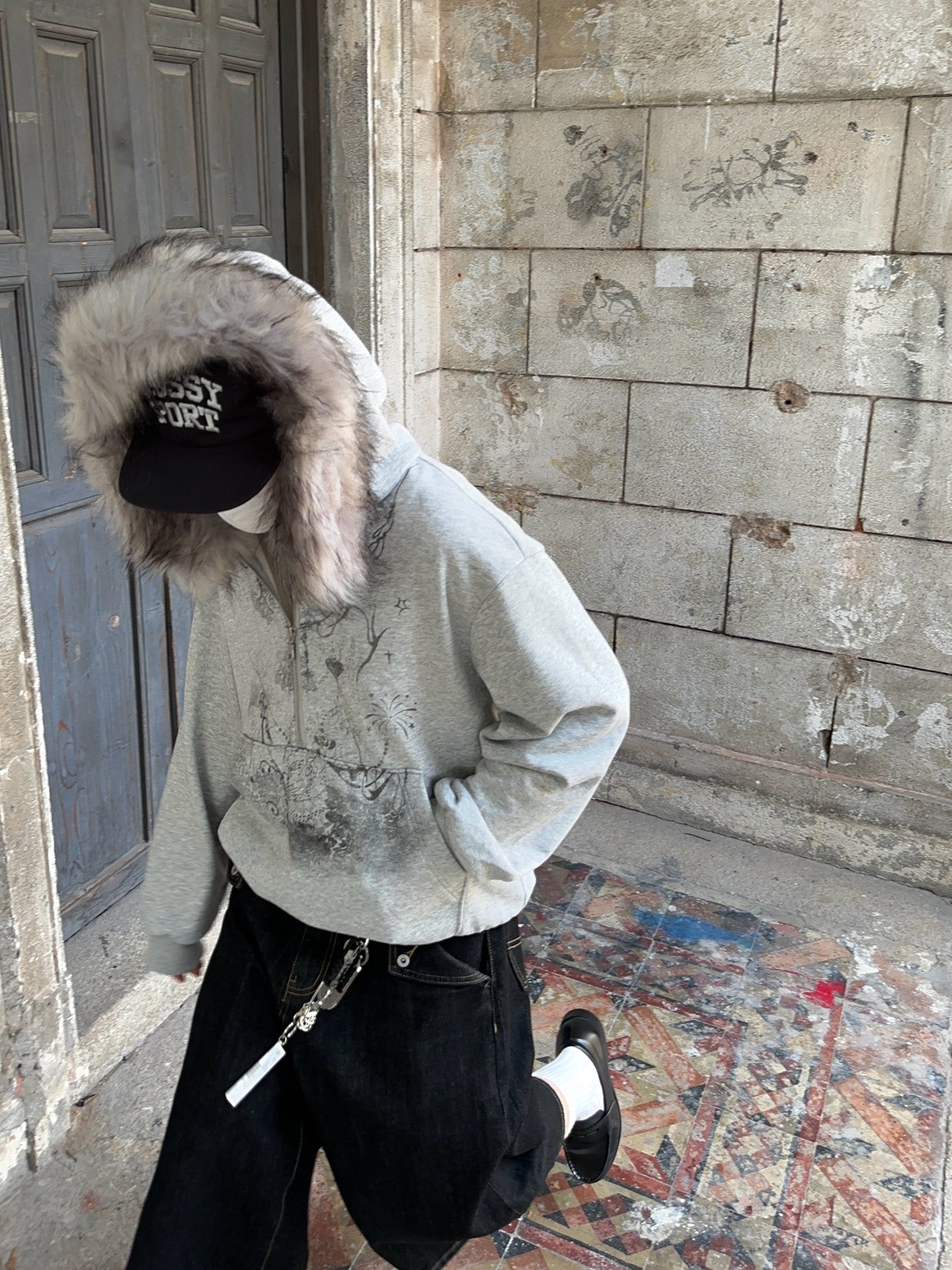 Fake Fur Hood Embroidery Oversize Pullover Hoodie WN24375