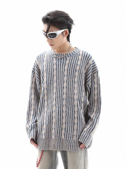 Cable Stripe Round Neck Oversize Knit Sweater WN10275