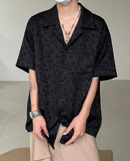 Jacquard Embroidery Embossed Cuban Collar Short Sleeve Shirt WN20026