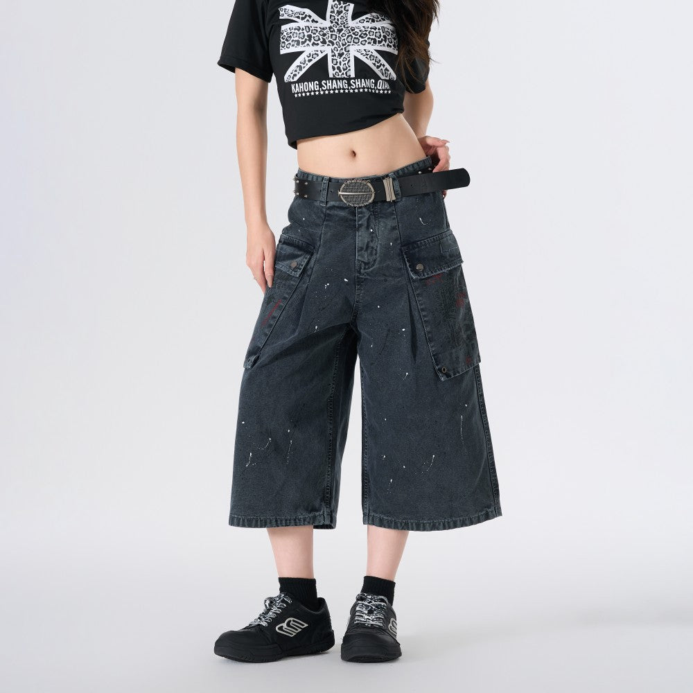 Denim Paint Splatter Multi-Pocket Wide Leg Half Pants WN27938