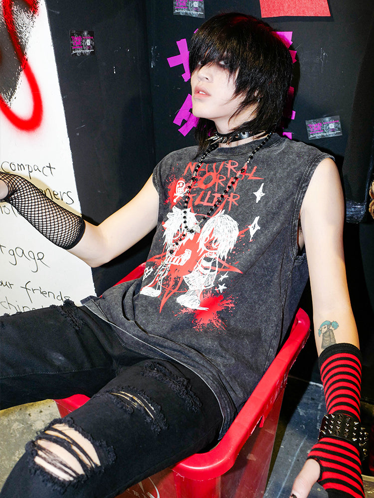 Graphic Design Washed Loose Sleeveless T-Shirt WN15903