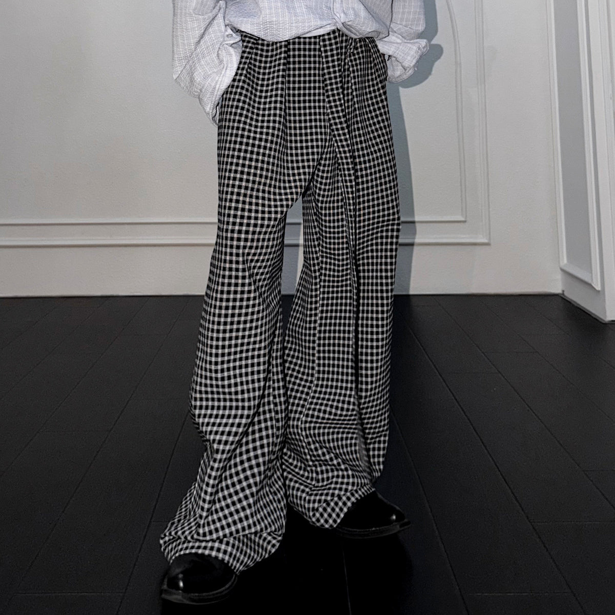 Plaid Pleats Adjustable Strap Wide Leg Trousers WN27047
