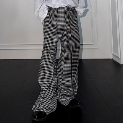 Plaid Pleats Adjustable Strap Wide Leg Trousers WN27047