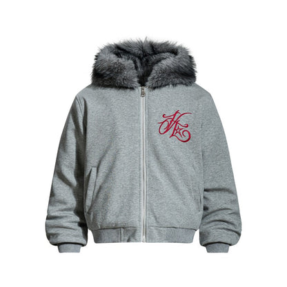 Embroidery Letter Fake Fur Hooded Jacket WN24262