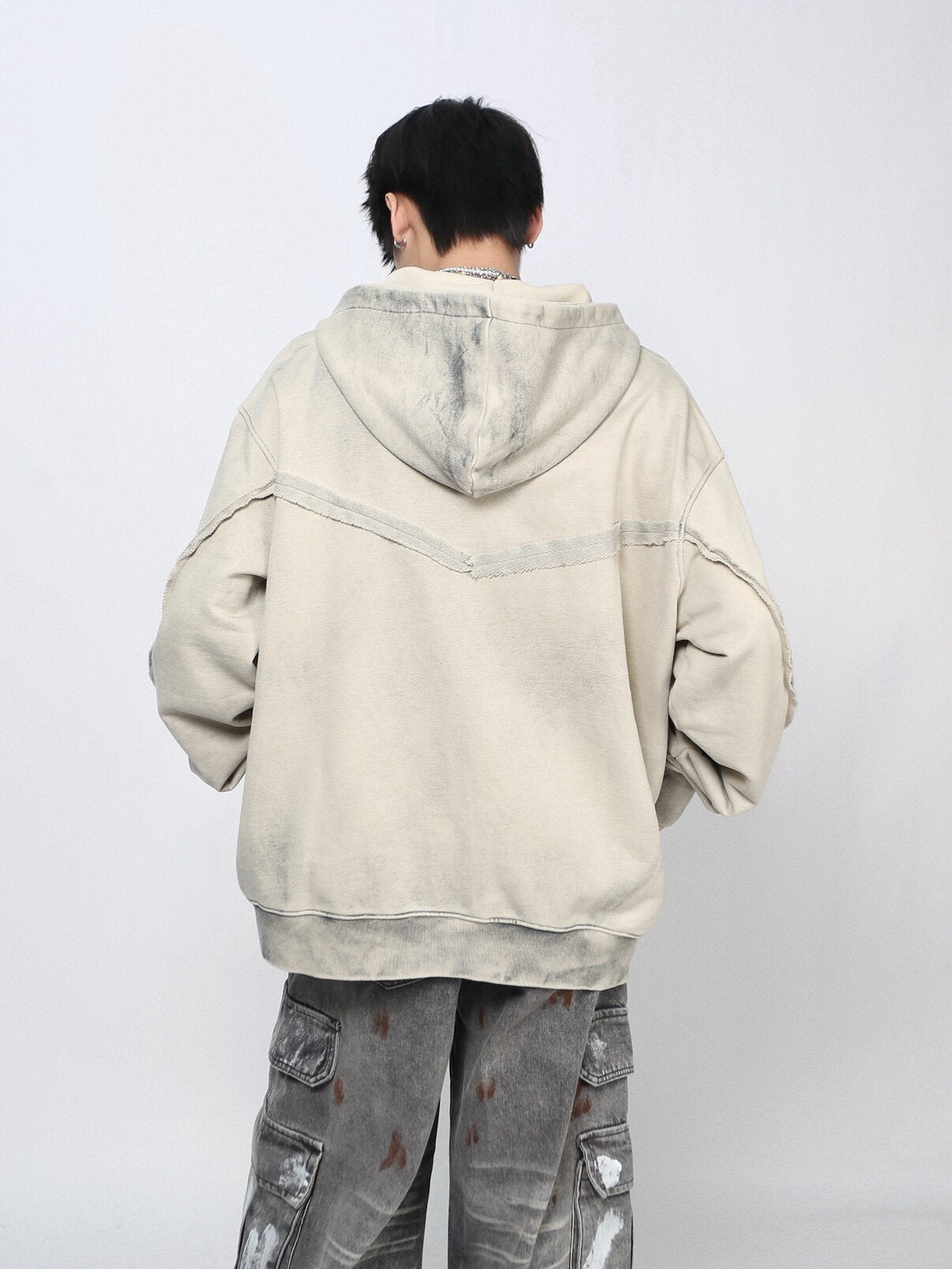 Oversize Diagonal Zip Patchwork Washed Hoodie WN24441