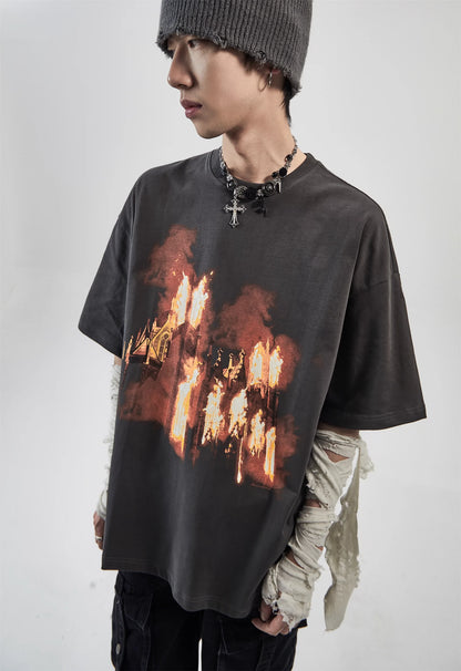Fire Print Oversize Short Sleeve T-Shirt WN6301