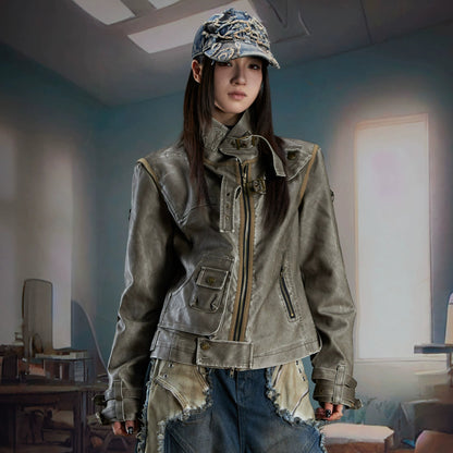 Deconstruction Washed Damage PU Leather Jacket WN21355