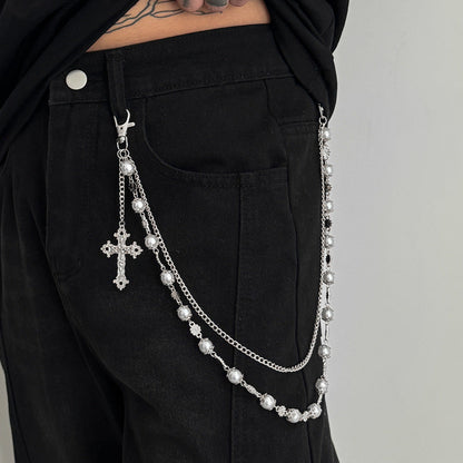 Pearl Beads Flower Cross Pants Chain WN21062