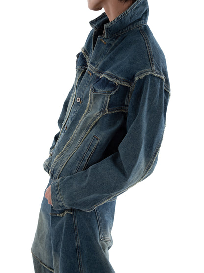 Raw Hem Fringe Damage Washed Denim Jacket & Wide Leg Denim Jeans Setup WN20659
