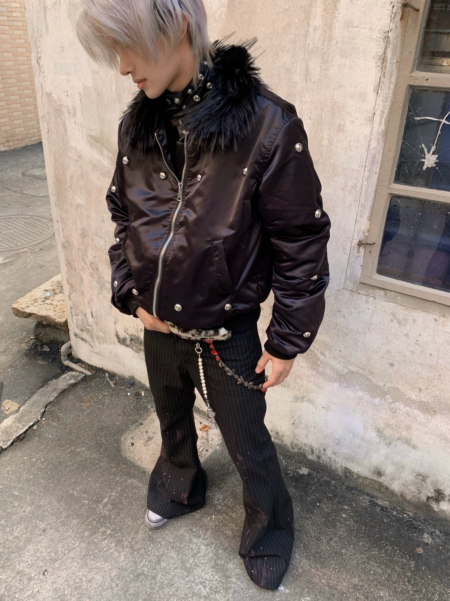 Fake Fur-Collar Rivet Zipper Bomber Jacket WN22206