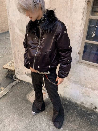 Fake Fur-Collar Rivet Zipper Bomber Jacket WN22206