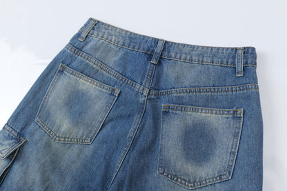 Washed Multi Pocket Cargo Denim Half Jeans WN26123