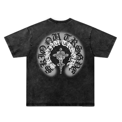 Washed Gothic Print Oversize Short Sleeve T-Shirt WN26931